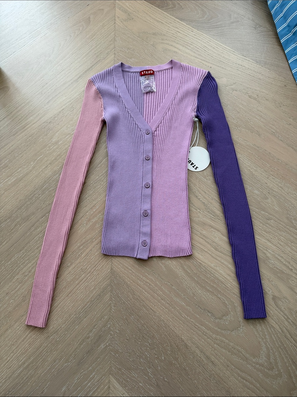 STAUD Pink & Purple Ribbed Colorblock V-Neck Cardigan